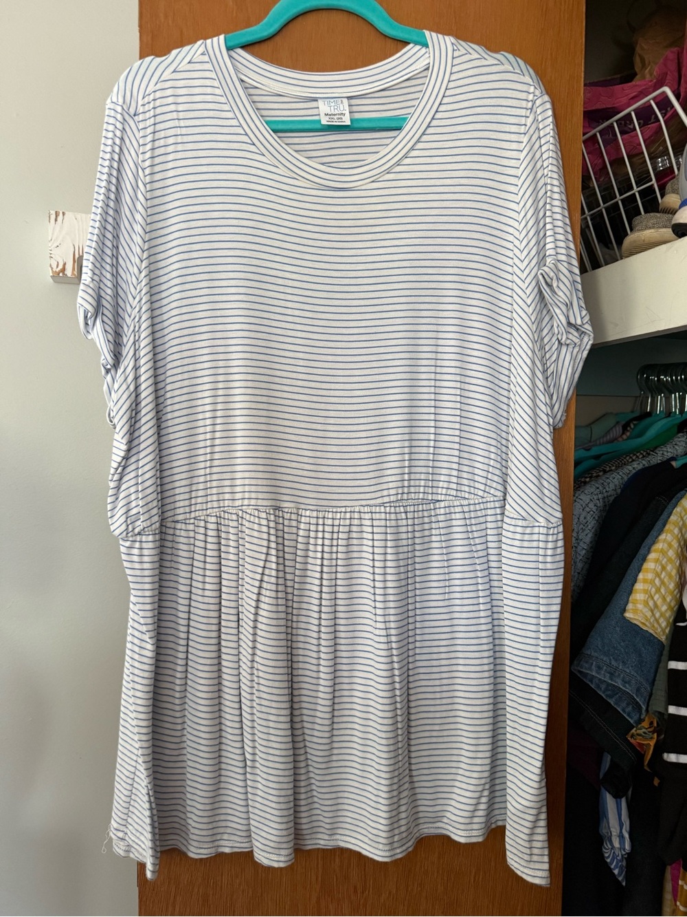 Time and Tru White and Blue Striped Short Sleeve Peplum Top